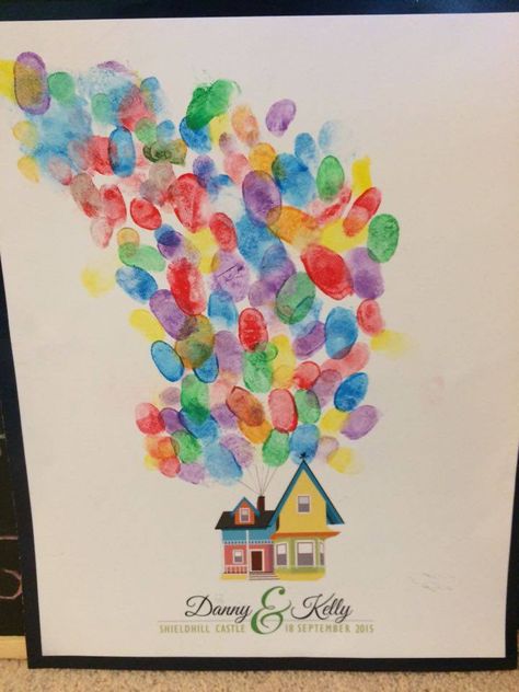 Wedding Thumbprint Picture - UP themed #wedding #disney #UP #house #balloon #colourful #multicoloured #carl #ellie #bride #groom #thumbprint #guestbook Up Themed Housewarming Party, Up Bedroom Disney, Up Disney Birthday Party, Up Themed Engagement Party, Disney Up Party Ideas, Up Theme Centerpiece, Up Graduation Theme, Up Movie Classroom Theme, Up Movie Party Ideas