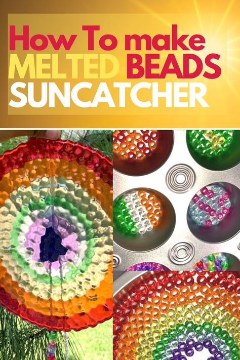 Melted Bead Wind Chimes Diy, Melted Bead Suncatcher Diy, How To Make A Suncatcher With Beads, Melted Pony Beads Suncatcher, Pony Bead Wind Chime, Sun Catcher With Beads, Melted Pony Bead Crafts, Pony Bead Melting Crafts, Melting Pony Beads In Oven