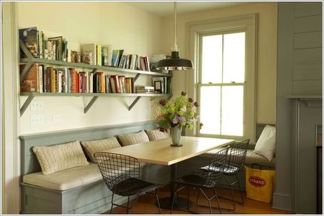 Install Floating Shelves Above The Bench of Your Breakfast Nook Farmhouse Banquette Seating, Kitchen Corner Bench Seating, Corner Kitchen Tables, Kitchen Corner Bench, Corner Dining Table, Black Metal Dining Chairs, Farmhouse Dining Benches, Breakfast Nook Bench, Corner Bench Seating