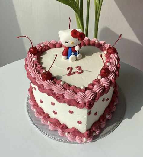 Sanrio Fondant Cake, 23 Bday, Hello Kitty Ice Cream Cake, Hello Kitty Cake Aesthetic, Heart Shaped Hello Kitty Cake, Hello Kitty Strawberry Cake, Hello Kitty Cake Ideas Birthdays, Hello Kitty Bday Cake, Pasteles Aesthetic