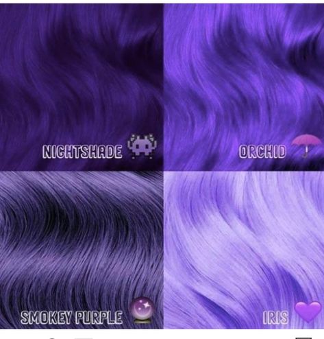 Types Of Purple Hair, Purple Hour, Hades Footwear, Purple Hair Streaks, Purple Hair Dye, Hair Color Swatches, Hair Dye Shades, Vegan Hair Dye, Edgy Hair Color