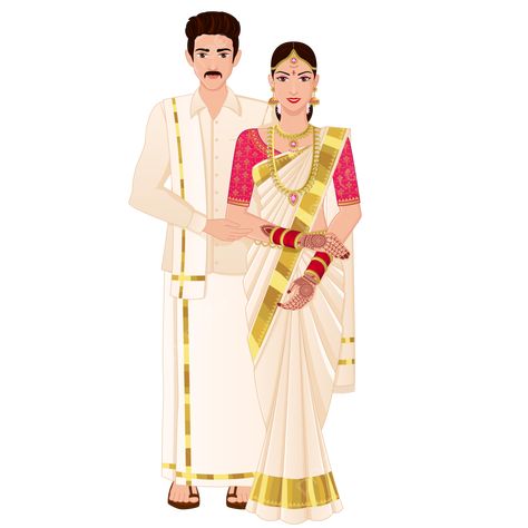 Weds Png, South Indian Wedding Illustration, South Indian Couple Illustration, South Indian Illustration, Lower Bun Hairstyles, South Couple, South Indian Couple, Silk Drawing, Silk Spiderman