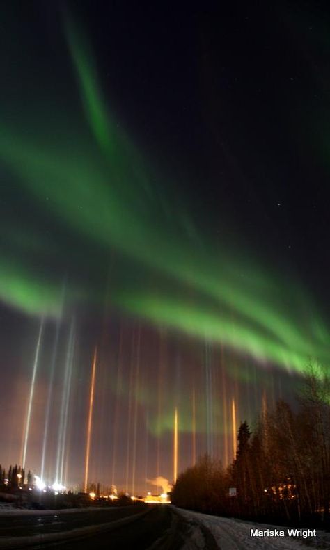 Can you imagine the spectacle? Pillars of light and northern lights in one… Light Pillars, Aurora Lights, East Of The Sun, Sci Fi Landscape, Fairbanks Alaska, Northern Lights (aurora Borealis), Polar Light, Cloud Drawing, Meteorology