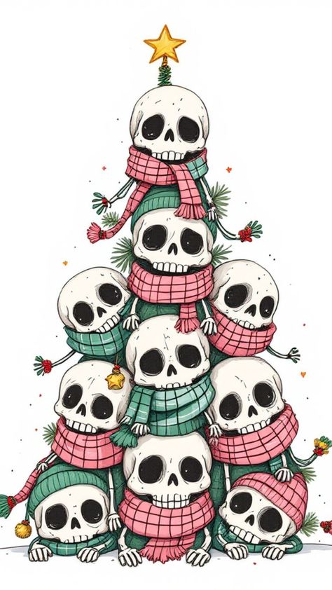 Free Christmas iPhone skulls wallpaper with festive decorations, Christmas lights, and holiday-themed patterns. Festive Aesthetic Wallpaper, Creepmas Wallpaper Iphone, Christmas Spooky Wallpaper, Dark Christmas Phone Wallpaper, Seasonal Phone Backgrounds, Christmas Skull Wallpaper, Spooky Winter Wallpaper, Skull Christmas Wallpaper, Halloween Christmas Wallpaper