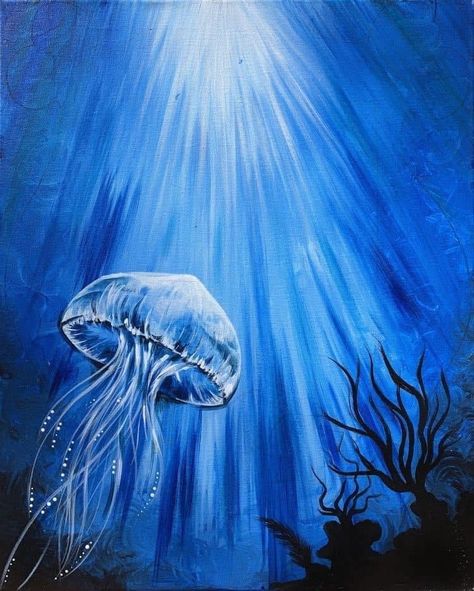 Blue Jellyfish Painting, Blue Painting Ideas On Canvas, Jellyfish Paintings, Jellyfish Illustration, Jellyfish Painting, Jellyfish Drawing, Underwater Painting, Jellyfish Art, Paint Nite