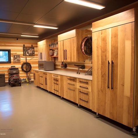 10 Wood Garage Cabinet Ideas to Enhance Your Workshop Wood Panel Garage Walls, Wood Shop Cabinets, Garage With Cabinets, Whole Wall Cabinets, Shop Cabinets Ideas, Garage Countertop Ideas, Garage Cabinet Ideas, Garage Cabinets Ideas, Garage Cabinets Diy