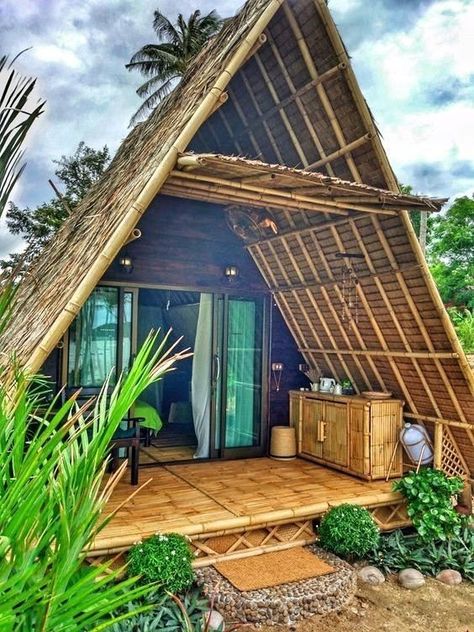 Bamboo Bungalow, Bamboo Building, Triangle House, Bahay Kubo, Hut House, Tropical House Design, Bamboo House Design, Bamboo Architecture, A Frame House Plans