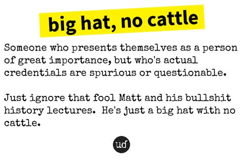 big hat, no cattle - https://www.urbandictionary.com/define.php?term=big%20hat%2C%20no%20cattle&defid=584634 Big Hat, Word Of The Day, The Fool, Budgeting, History, Hats, Art