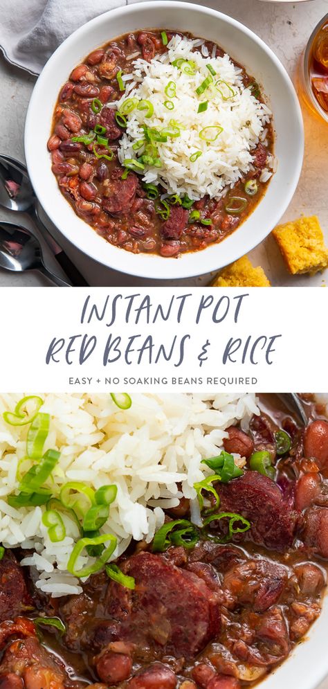 This red beans and rice is jam packed full of authentic New Orleans flavor, but made in Instant Pot for a quicker and easier Cajun meal! With no shortcuts, just simple ingredients like dried red beans, andouille sausage, and plenty of spices. Filling, satisfying, and budget friendly, you'll come back to this recipe over and over, just like we do. From our Southern family. #cajun #neworleans #pressurecooker #easydinner Red Beans And Rice Recipe Easy, Pot Beans, Red Beans Recipe, Red Beans And Rice Recipe, Red Beans N Rice Recipe, Beans And Sausage, Pot Recipes Healthy, Red Beans And Rice, Rice Recipes For Dinner