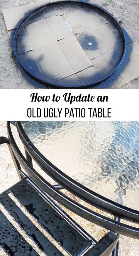 How to Update an Old Ugly Patio Table. Refresh an old and tired patio table with a can of spray paint. Paint makes everything look new again! Update Patio Table, Patio Table Painting Ideas, Glass Top Patio Table Redo, Patio Table Ideas Outdoor, Outdoor Glass Table Makeover, Patio Table Decorating Ideas, Glass Table Makeover, Painted Patio Table, Patio Table Makeover