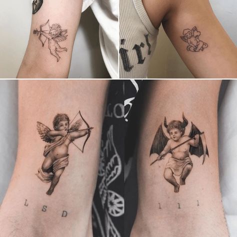 Best Angel Tattoo Ideas - Most Popular Angel Tattoos in 2021 - PositiveFox.com Devil Cherub Tattoo, Angel Demon Tattoo, Angel Tattoo Ideas, Cherub Tattoo Designs, Small Angel Tattoo, Angle Tattoo, Angel Devil Tattoo, Amor Tattoo, Baby Angel Tattoo