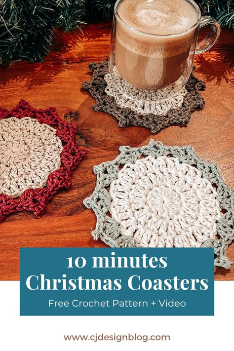 Free Crochet Pattern + Video tutorial Make a coaster just in time for Christmas! 10-minute pattern for beginners #CrochetCoaster #Crochet #EasyCrochet #ChristmasCrochet Christmas Coasters Crochet Free, Crochet Christmas Coasters Free Pattern Easy, Crochet Quick Christmas Gifts, Simple Christmas Crochet Projects, Crochet Holiday Coasters Free Pattern, Christmas Coasters Crochet Pattern, Christmas Crochet Placemats Free Pattern, Free Crochet Christmas Coaster Patterns, Crocheted Christmas Coasters