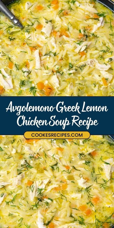 Warm up with this classic Avgolemono Greek Lemon Chicken Soup! A creamy, zesty blend of lemon, chicken, and rice, this traditional Greek soup is light yet comforting. Perfect for a refreshing yet cozy meal! #Avgolemono #GreekSoup #LemonChickenSoup Green Lemon Chicken Soup, Greek Lemon Chicken Soup Instant Pot, Lemon Garlic Chicken Soup, Lemon Avgolemono Soup, Chicken Soup Recipes Orzo, Greek Rice Soup, Avgolemono Soup Instant Pot, Greek Avelemeno Soup, Chicken Noodle Soup With Lemon