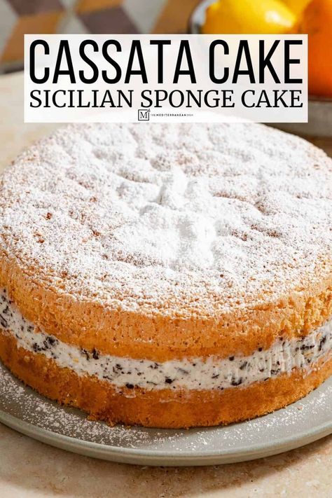 An easier version of traditional Italian cassata cake, with tow citrus and honey-flavored sponge cakes layered with ricotta and chocolate. Italian Cassata Cake Recipe, Cassata Cake Recipe, Cassata Cake, Italian Sponge Cake, Mediterranean Desserts, Sponge Cake Filling, The Mediterranean Dish, Sponge Cakes, Fodmap Friendly