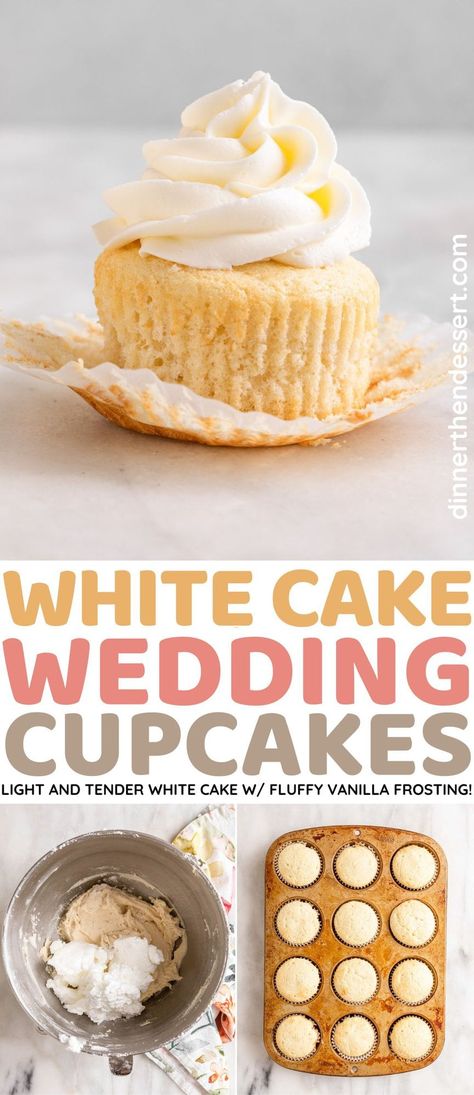 White Cupcakes (Wedding Cupcakes) are an easy light, moist white cake recipe with a classic wedding cake flavor and fluffy vanilla frosting. Moist White Cake Recipe, White Cupcake Recipe, Classic Cupcake Recipe, Fluffy Vanilla Frosting, Wedding Cupcake Recipes, White Cupcake Recipes, White Wedding Cupcakes, Wedding Cake Cupcakes, Moist White Cake