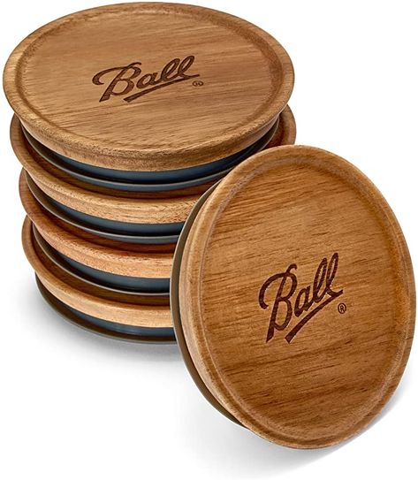 Ball Jar Wooden Lids, Wooden Lid Glass Jar, Ball Jar, Lids For Mason Jars, Ball Lids Mason Jars, Pantry Jars Storage, Kitchen Storage Jars, Jar Storage Ideas, Mason Jar Pantry Storage