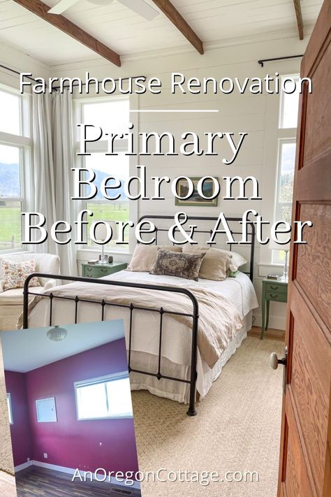 The dramatic primary bedroom before and after for a 100+ year old farmhouse including an eight-foot bump out, new walk-in closet, lots of windows to bring in the view, and DIY projects to add back the old house character. 100 Year Old Farmhouse, 1900 Farmhouse, Oregon Cottage, Beadboard Kitchen, Cottage Recipes, House Character, Bump Out, Bathroom Plan, Farmhouse Renovation