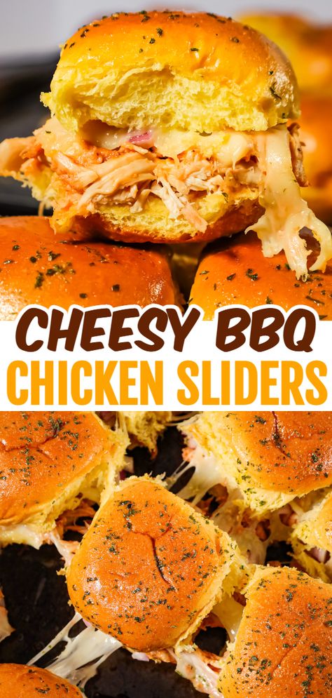 BBQ Chicken Sliders are an easy weeknight dinner recipe using rotisserie chicken tossed in BBQ sauce and baked on dinner rolls with Monterey Jack cheese. Bbq Chicken Rolls, Chicken Football Recipes, Chicken Slider Recipes Kings Hawaiian, Cheesy Chicken Sliders, Rotisserie Chicken Recipes Appetizers, Baked Chicken Sliders, Slider Recipes Chicken, Rotisserie Bbq Chicken Sandwiches, Chicken And Cheese Sliders