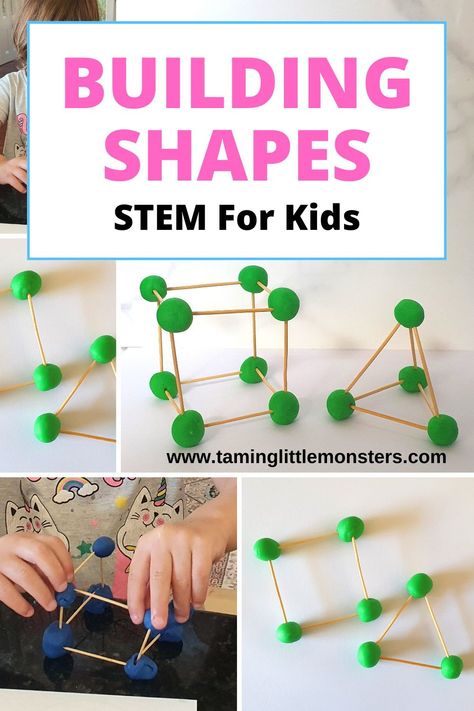 Building Shapes - STEM for Kids. Practice building 2D and 3D shapes. this is a great way for preschoolers to develop fine motor skills while doing a bit of engineering. #stem #shapes #preschoolers #kindergarten Diy Mason Jar Ideas, Math Stem Activities, 3d Shapes Activities, Shape Sorting Activities, Toy Cupboard, Easter Bunny Craft, Mason Jar Ideas, Shapes Lessons, Stem Activities Preschool