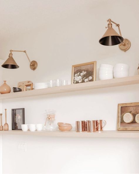 Kitchen Sconces Open Shelving, Neutral Minimalist Bedroom, Sconces In Kitchen, Kitchen Sconces, Kitchen Feature Wall, Floating Shelves With Lights, Kitchen Open Shelves, Kitchen Floating Shelves, Long Floating Shelves