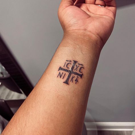 IC XC NI KA Christian Orthodox Tattoo, Ave Christus Rex Tattoo, Orthodox Tattoo Ideas, Orthodox Christianity Tattoo, Orthodox Tattoos, Orthodox Christian Tattoo, Greek Orthodox Tattoo, Russian Tattoo Traditional, Orthodox Cross Tattoo