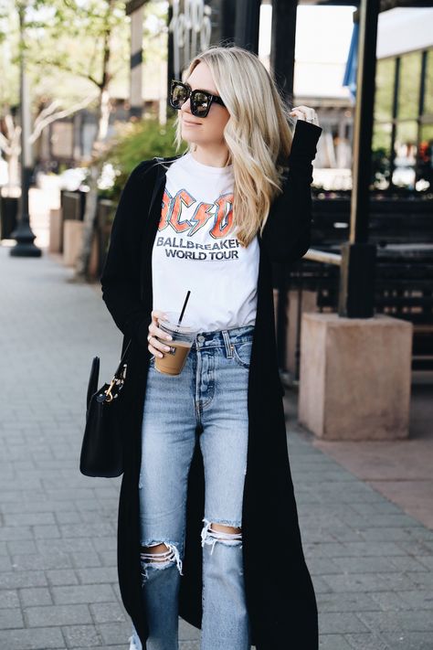 My Dallas Beauty Spots Long Band Tee Outfits, Womens Black Cardigan Outfit, Styling Band Tees Outfit, Casual Edgy Spring Outfits, Tshirt Jeans Cardigan Outfit, Long Cardigan Summer Outfit, Cardigan Band Tee Outfit, White Band Tee Outfit, Black Cardigan Sweater Outfit