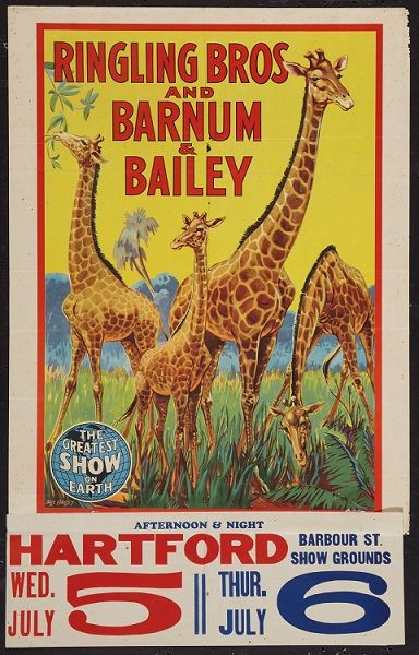 Vintage Circus poster Ringling Bros Hartford 1944 | cvtreasures ... Circus Posters, Vintage Circus Posters, Barnum Bailey Circus, Ringling Brothers, Circus Poster, Theatre Poster, Free Canvas, Vintage Circus, Advertising Poster