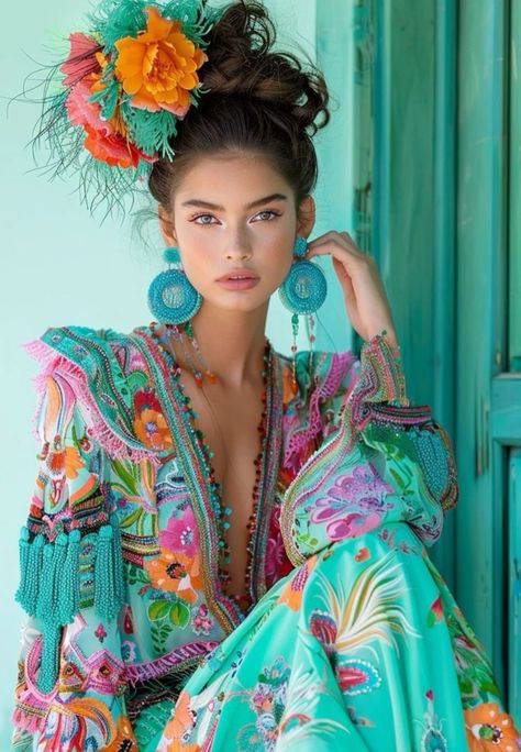 Mexican Inspired Photoshoot, South America Fashion, Mexican Dress Up, Flamenco Inspired Outfit, Mexican Wear, Mexican Inspired Dress, Mexican Clothing Style, Cuban Fashion, Woman With Flowers