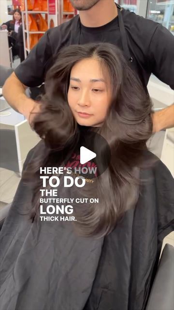 Gilad | Hair Video Education on Instagram: "Butterfly Cut 🦋 for long, thick hair 🥵  Sound up 🔈 for tips on how to cut this popular layered haircut.  Watch the sectioning to gain control over your layering, and use over-direction to cut a consistent shape that flows from short layers in to long length.  Do you like doing this haircut? 💇🏻‍♀️   #haircut #haircutting #haircutvideo #haircuttutorial #hairtutorial #howtobeauty #hairstyletutorial #butterflycut #longhair #asianhair #hairvideos #haireducation #nychairstylist #nychairsalon #modernXulta #modernsalon #ultabeauty #salonatultabeauty #ultabeautydesignteam #ad" Butterfly Layers For Long Hair, Butterfly Haircut Long Hair Asian, Thick Butterfly Haircut, Butterfly Cut Hair Long Layers, Butterfly Cut On Long Hair, Butterfly Haircut Long Hair Tutorial, Butterfly Haircut Video, Butterfly Haircut Side Part, Diy Long Layered Haircut