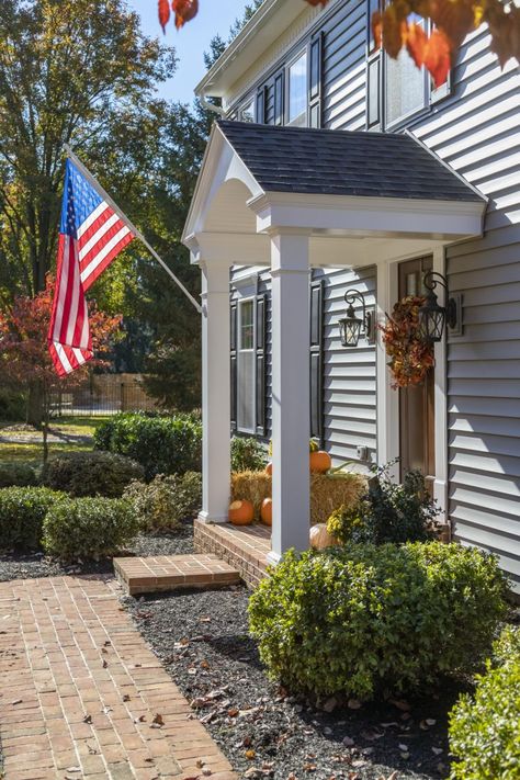 Gable Portico Front Entry, Portico Front Door, Door Overhang Ideas Front Door, Cape Cod Portico Front Entry, Front Door Overhang Ideas, Front Door Portico Ideas Entrance, Roof Over Front Door Entrance, Front Door Overhang Entrance Porticos, Colonial Portico Entrance