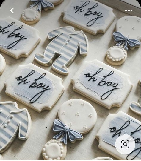 Baby Boy Sugar Cookies Royal Icing, Baby Boy Shower Cookie Ideas, Oh Baby Cookies Decorated, Oh Boy Cookies Decorated, Boy Baby Shower Cookies Decorated, Baby Sprinkle Cookies Boy, Neutral Blue Baby Shower Ideas, Blueberry Baby Shower Cookies, Oh Boy Baby Shower Cookies