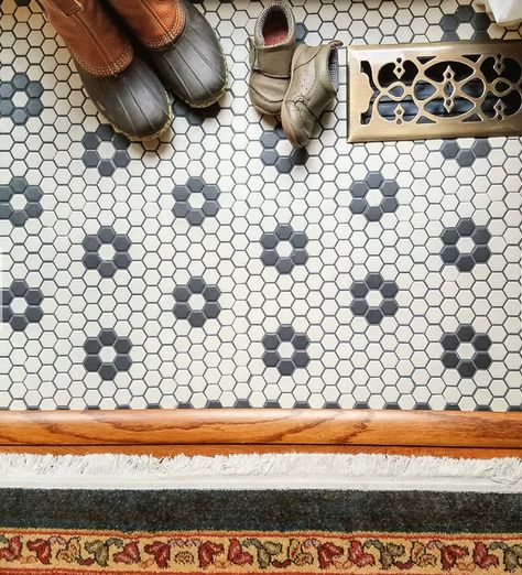 1940s Kitchen Floor Tile, Laundry Room Penny Tile Floor, Hexagon Tile Mudroom Floor, Cottagecore Tile Floor, Vintage Bathroom Flooring, Vintage Kitchen Floor Tile, 1950s Kitchen Floor, Penny Tile Entry, Vintage Kitchen Flooring