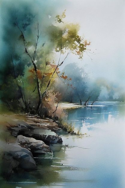 Peinture à L'aquarelle D'une Scène De Ri... | Premium Photo #Freepik #photo #aquarelle #paysage-aquarelle Simple Watercolor, Watercolor Landscapes, Watercolour Inspiration, Watercolor Paintings Easy, Water Colours, Watercolor Painting Techniques, Watercolor Landscape Paintings, 수채화 그림, Watercolor Trees