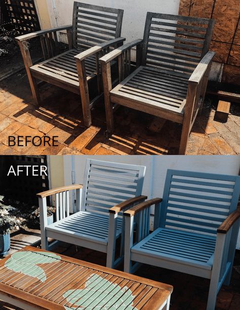 How to Refinish Old Outdoor Wood Furniture And Give it a New Life Painting Outdoor Wood Furniture, Outdoor Chairs Wooden, Outdoor Wood Table, Outdoor Furniture Makeover, Painted Outdoor Furniture, Wooden Outdoor Furniture, Wooden Patios, Outdoor Wood Furniture, Painted Patio