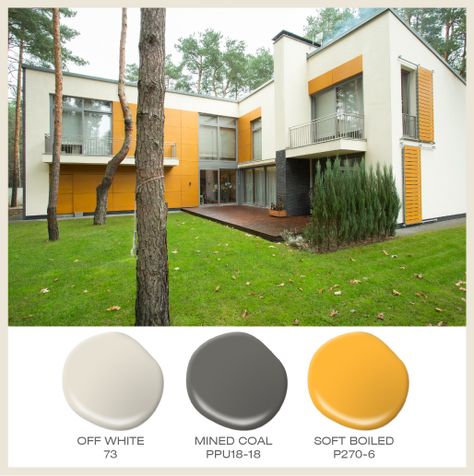 modern exterior with bright yellow accents. Exterior Yellow House Color Combinations, White Home Exterior Colors, Yellow Exterior House, Yellow Exterior House Colors, Yellow House Exterior, Exterior Color Combinations, White Exterior Houses, Ranch House Exterior, Color Of The Month