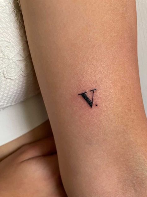 Small V Line Tattoos Women, Fine Line Stipple Tattoo, 5 Roman Numeral Tattoo, Fine Line Tattoo Ideas Arm, Roman Numeral 5 Tattoo, V Tattoo Letter Design, Small Crown Tattoos, Letter V Tattoo, Small Fine Line Tattoo Women