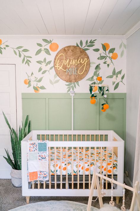 Orange Nursery Girl, Clementine Nursery, Orange Nursery Decor, Orange Nursery, Tan Walls, Nursery Room Design, Baby Room Inspiration, Shag Carpet, Green Nursery