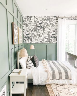 Wallpaper Design For Bedroom, Grey Bed Frame, Gorgeous Bedrooms, Bedroom Photos, Board And Batten, Bedroom Green, Bedroom Lamps, Rustic Bedroom, Wallpaper Bedroom