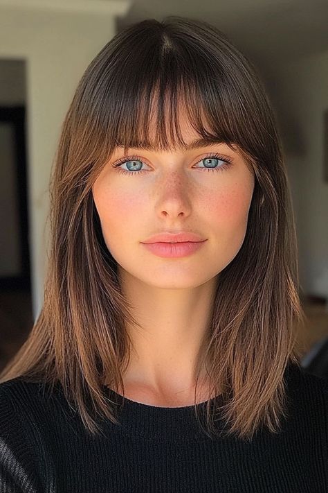 Straight Chestnut Brown with Soft Bangs, shoulder length hairstyle with bangs Brunette Bangs Straight Hair, Bangs With Straight Hair Medium, Dark Blonde With Bangs, Brunette Bangs Shoulder Length, Medium Brown Hair With Bangs, Shoulder Length Hair With Wispy Bangs, Shoulder Length Bangs, Shoulder Length Haircuts With Bangs, Partial Bangs