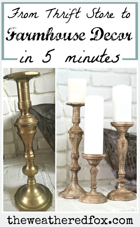 Candle Holder Makeover, Farmhouse House Decor, Farmhouse Candlesticks, Wood Farmhouse, Thrift Store Crafts, Market Ideas, Inexpensive Home Decor, Diy Candle Holders, Candle Store