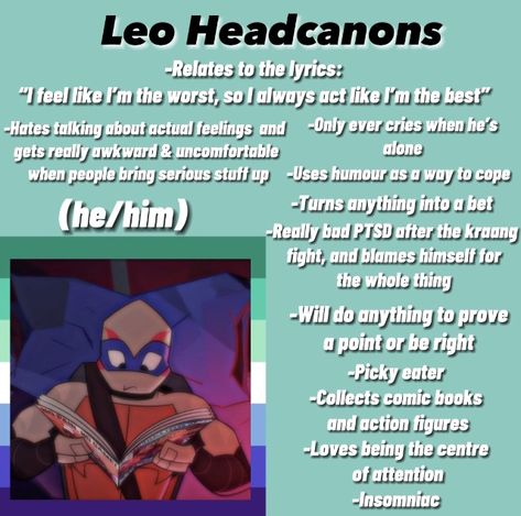 2012 Leo And 2018 Leo, Tmnt Leo Headcanons, Rottmnt Leo X Usagi Comic, Tmnt 2012 Headcanons Leo, Rottmnt Leo Sacrifice, Villain Leo Rottmnt, Leo Kinnie Rottmnt, Feral Leo Rottmnt, Transmasc Leo Rottmnt