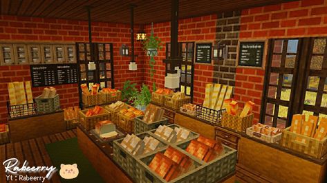 Minecraft build Minecraft Seafood Restaurant, Bakery Shop Minecraft, Minecraft Bakery Aesthetic, Minecraft Bakery Ideas Aesthetic, Bakery Interior Minecraft, Minecraft Pet Shop Interior, Minecraft Food Mod, Minecraft Food Shop, Minecraft Candy Shop