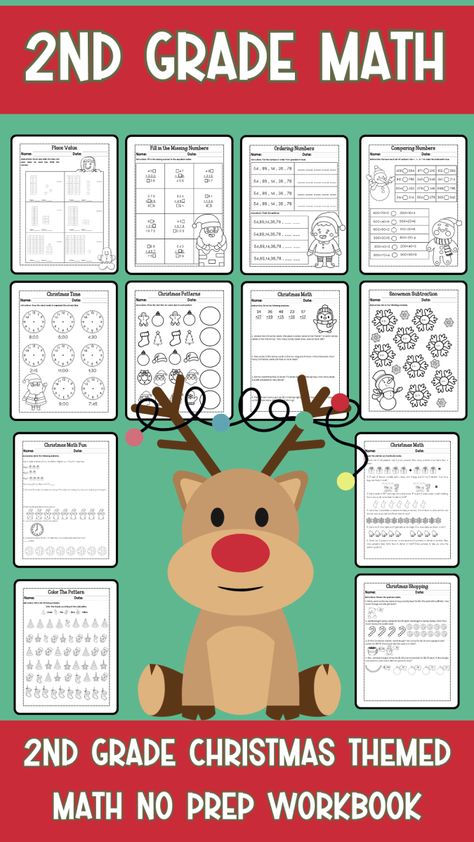 2nd Grade Math Christmas Themed Workbook No Prep Christmas School Worksheets, Christmas 2nd Grade, Christmas Math Activities 2nd Grade, Christmas Math 2nd Grade, Christmas Math Worksheets 2nd Grade, Christmas Lesson Plan, Holiday Math Worksheets, December Math, Christmas Math Worksheets