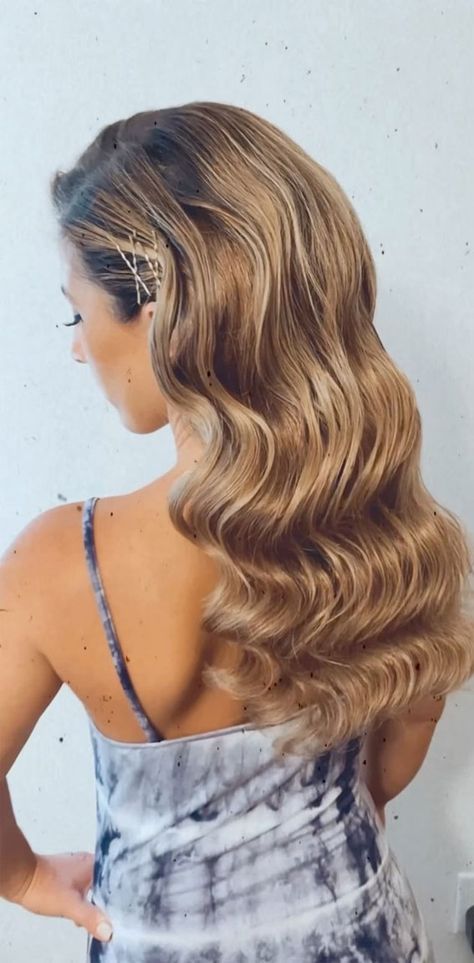 Prom 24 Hair, Prom Hairstyles Hollywood Curls, Prom Hair Hollywood Curls, Prom Upstyles, Glam Waves Half Up Half Down, Prom Hair 2024 Medium Length, Hollywood Hairstyle, Winter Formal Hairstyles, Updo Prom