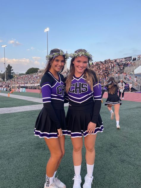 Purple Cheerleader Uniform, Cheerleader Aesthetic Outfit, Purple Cheer Uniform, Cheer Uniform High School, Ohio State Cheerleaders, Cheer Fits, Majorette Uniforms, Cheerleading Poses, America Aesthetic