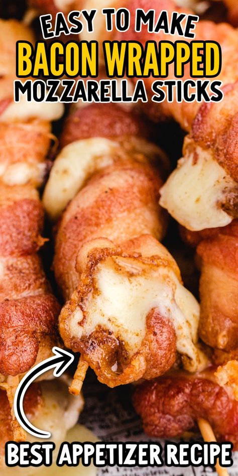 Oozing, stretchy, melted cheese centers wrapped in crispy bacon. These two basic ingredients make the most delicious snack or appetizer. Bacon Wrapped Mozzarella Sticks, Bacon Wrapped Mozzarella, Appetizers Savory, Bacon Wrapped Cheese, Snacks And Appetizers, Best Appetizer, Fast Food Places, Cheese Wrap, Baked Bacon