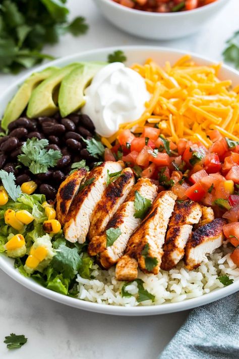 This chicken burrito bowl is just as good as Chipotle! Loaded with tender chicken, beans, rice, tomatoes, corn, and avocado, it has everything you crave. Chipotle Copycat Chicken, Chipotle Chicken Bowl, Chipotle Copycat, Chicken Beans, Chipotle Burrito Bowl, Chipotle Recipes, Chicken Taco Bowls, Chipotle Bowl, Avocado Bowl