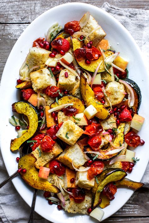 A Friendsgiving Supper Club: Autumn Panzanella Salad and Tomato Cobbler — My Diary of Us Winter Panzanella Salad, Tomato Cobbler, Supper Club Menu, Fall Veggies, Panzanella Salad, Drop Biscuits, Fall Cooking, Autumn Salad, My Diary