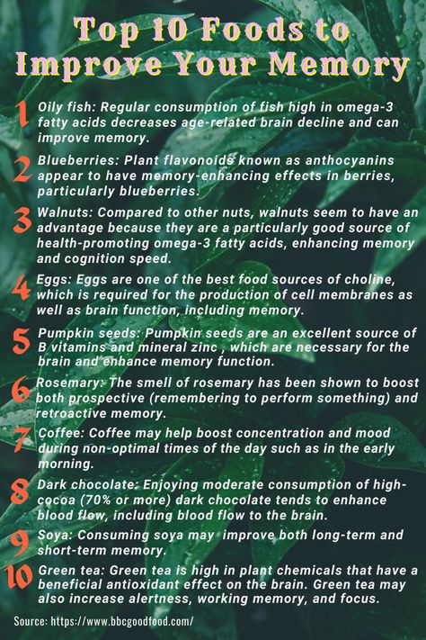 Many of the foods we eat support the health of our brains. Fruits, vegetables, herbs, and spices are examples of foods that contain plant-based substances that support brain protection. Others, like nuts, eggs, and oily salmon, have the good fats, vitamins, and minerals the brain requires to keep both our short- and long-term memory intact. Here are the top 10 foods for memory enhancement and brain function. How To Improve Short Term Memory, Memory Foods Brain Health, Best Supplements For Brain Health, Brain Health Foods, Vitamins For Memory And Focus, Improve Short Term Memory, Foods For Memory, Brain Food Memory, Memory Food