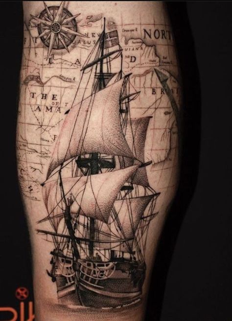 Pirate Boat Tattoo, Pirate Tattoo Ideas, Pirate Map Tattoo, Ship Tattoo Sleeves, Pirate Skull Tattoos, Pirate Ship Tattoos, Nautical Tattoo Sleeve, Pirate Ship Tattoo, Boat Tattoo